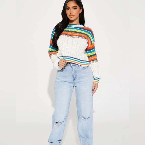 Fashion Nova Sweaters - Fashion Nova Womens Sweater White Orange S Striped Cropped Long Sleeve Crewneck